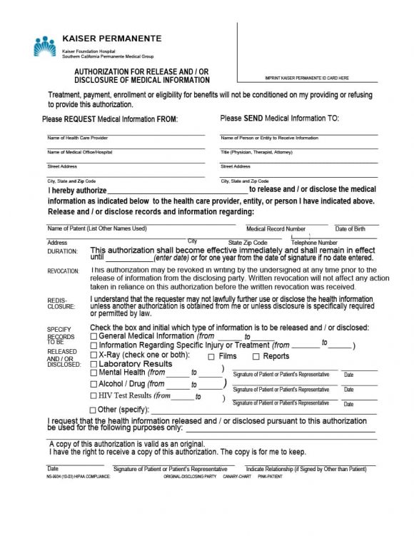 Kaiser permanente medical records release form ability to use carefirst system