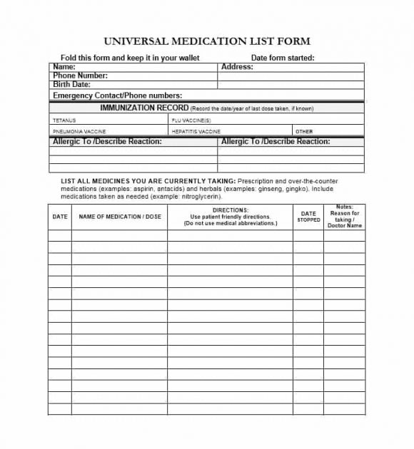 Medication List Template Fillable Free