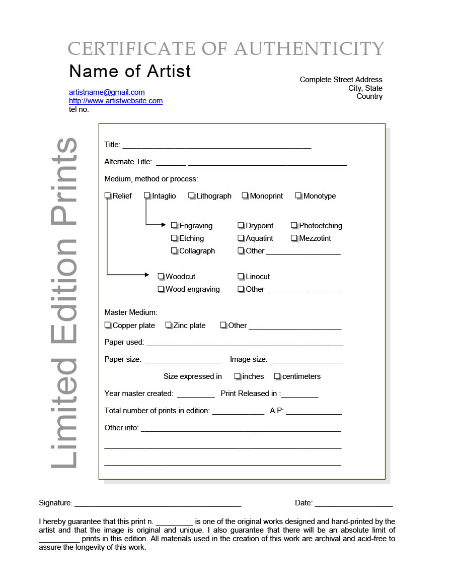 22 Certificate of Authenticity Templates (Art, Car, Autograph, Photo) In Letter Of Authenticity Template