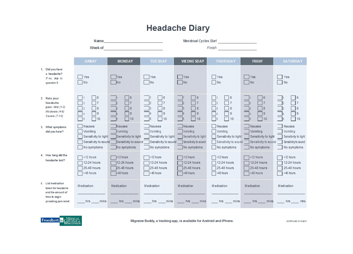 Printable Headache Diary That are Sweet | Tristan Website