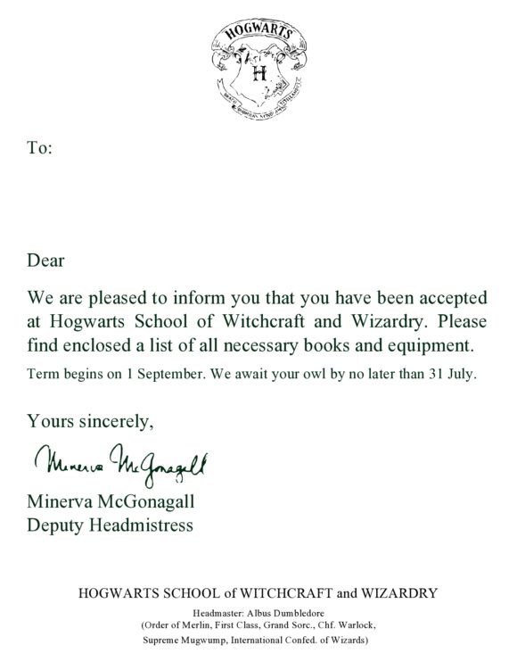 Hogwarts Acceptance Letter Template Free Printable (Front + Back