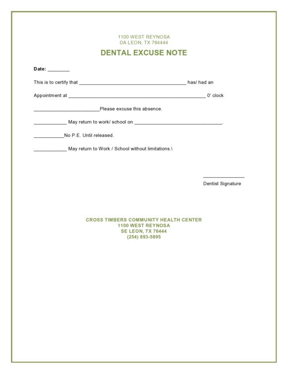 Printable Dentist Note For Work