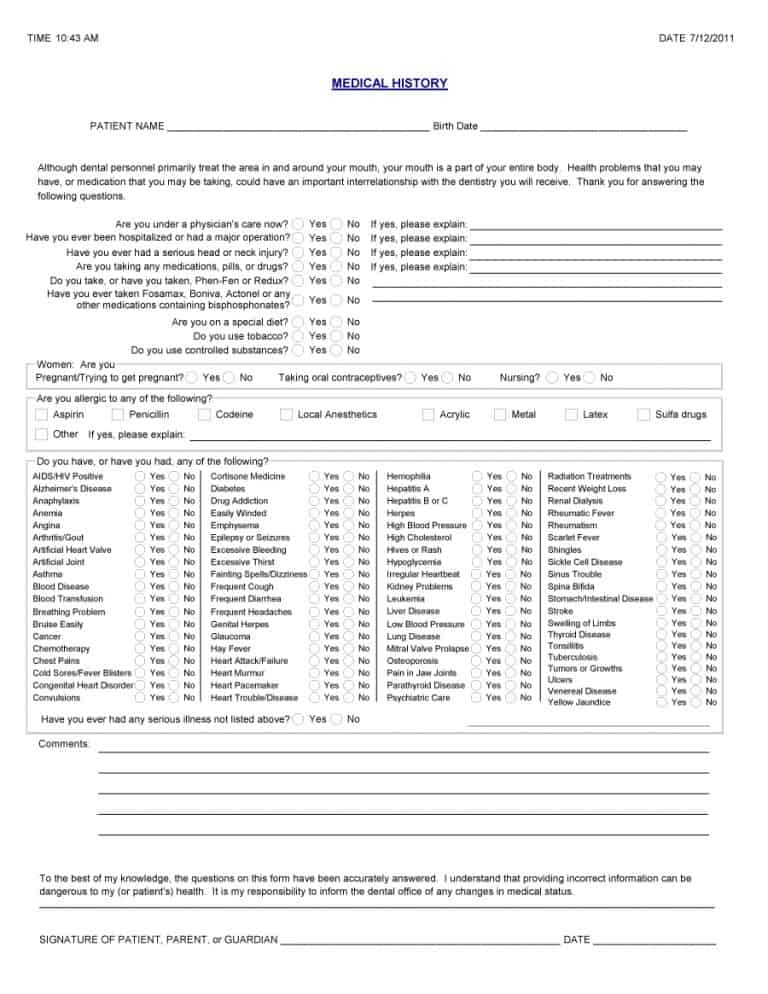 New Patient Medical History Form Template from printabletemplates.com