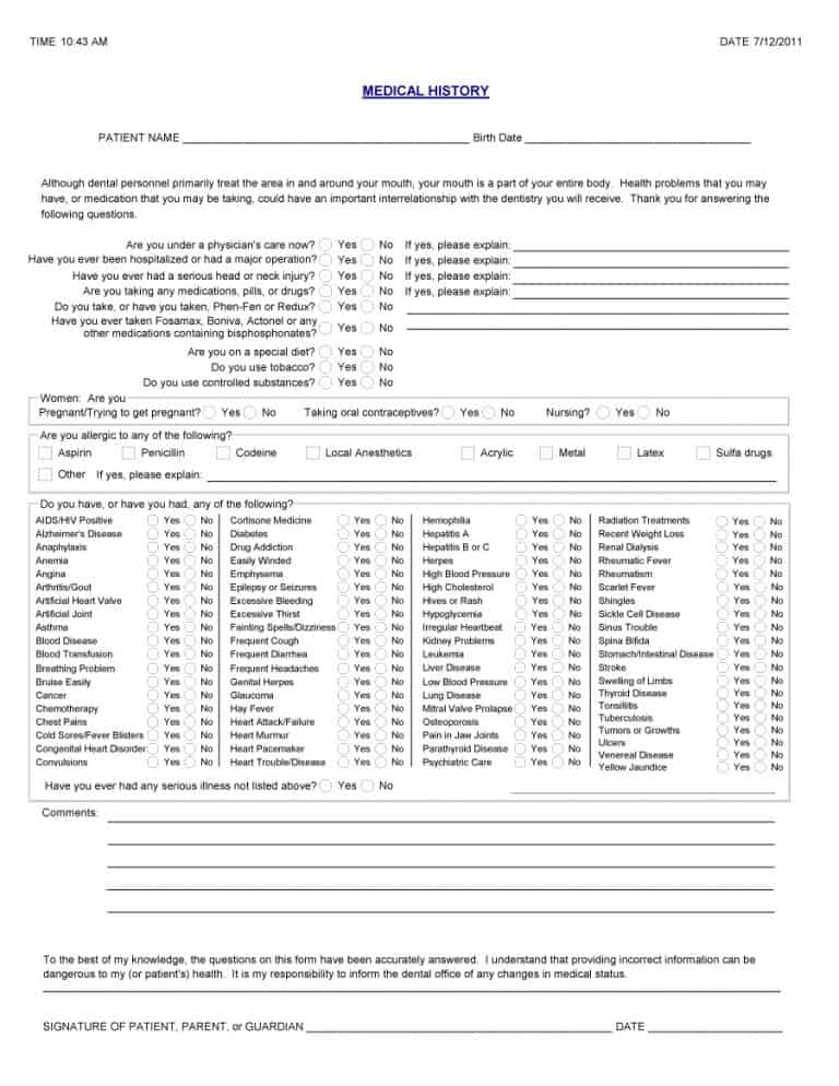 Patient Health History Form Template