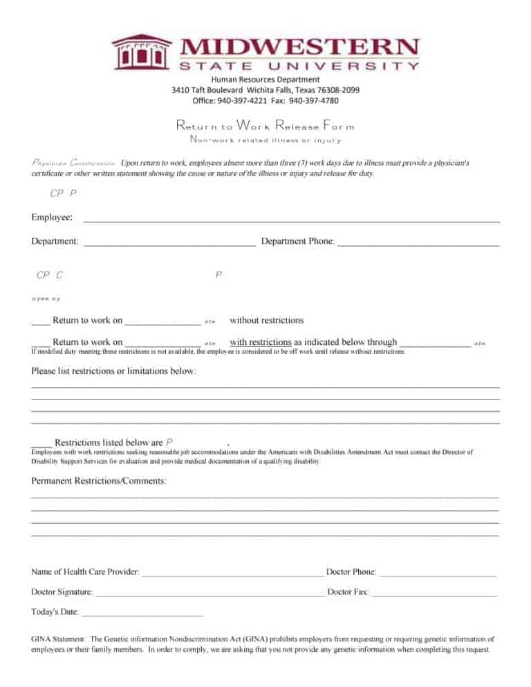 44 Return to Work & Work Release Forms - Printable Templates