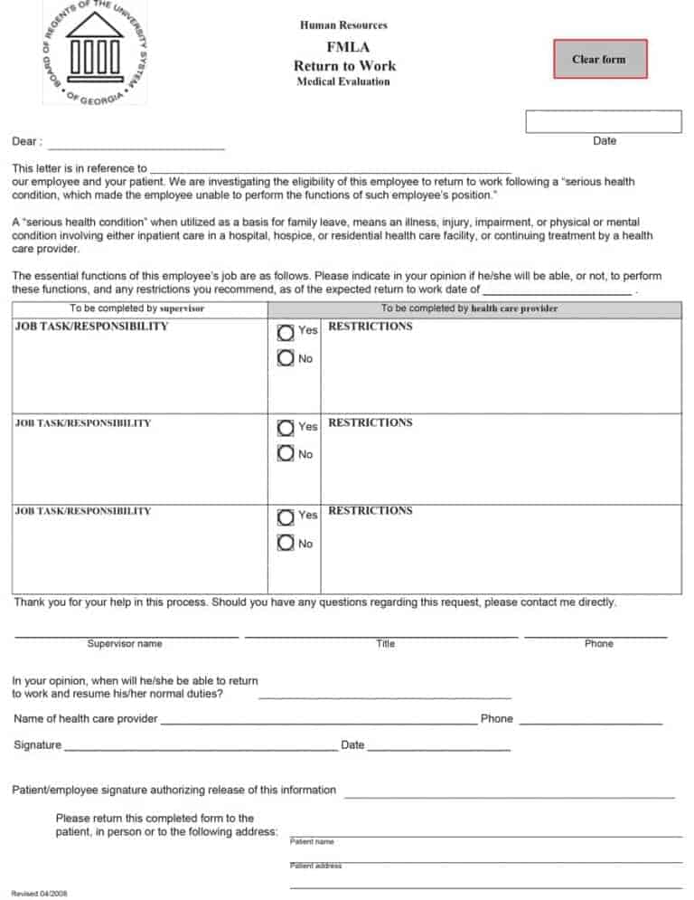 44 Return to Work & Work Release Forms - Printable Templates